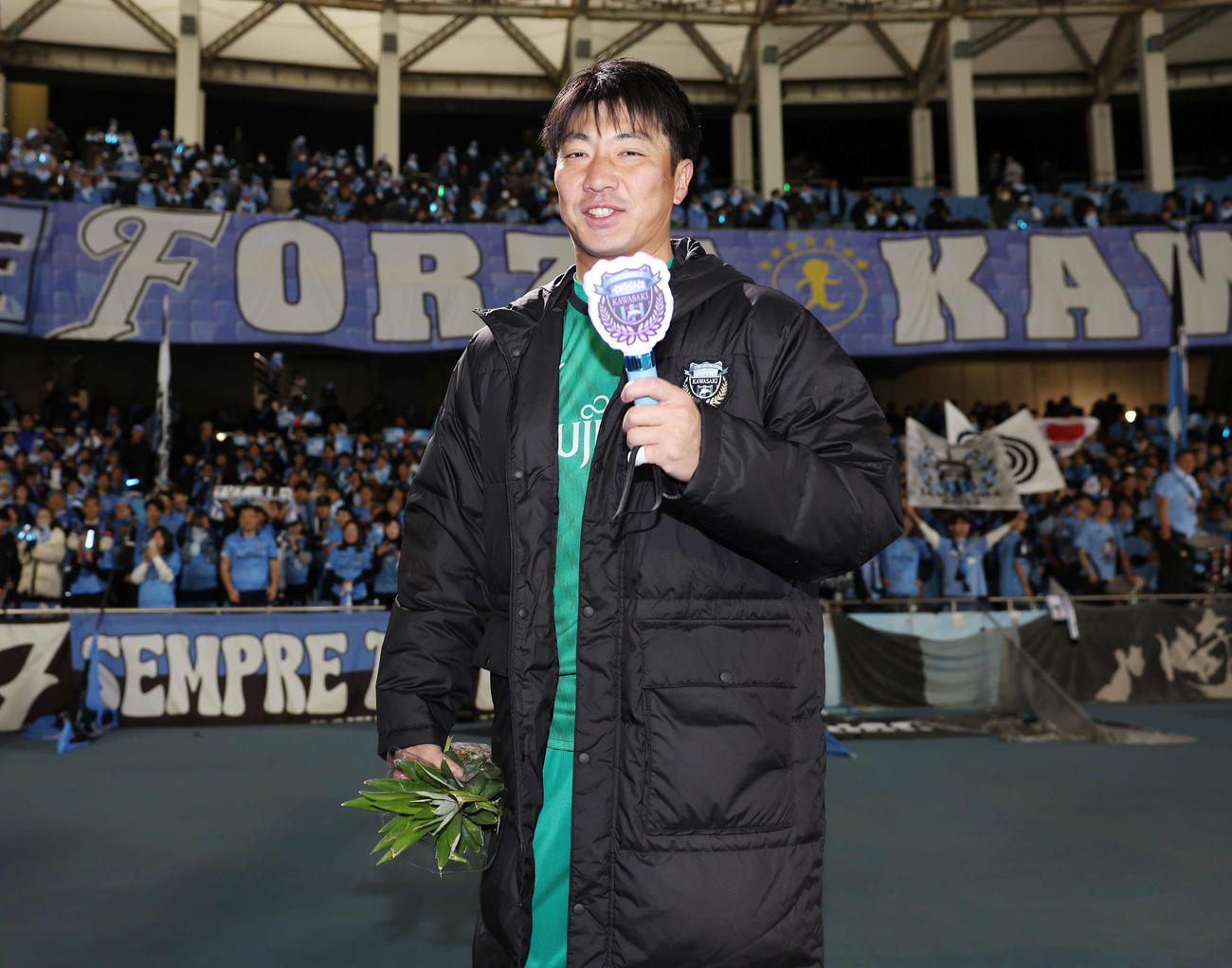 川崎F対セントラルコースト　クリーンシートで勝利し笑顔の川崎FのGK安藤（撮影・宮地輝）