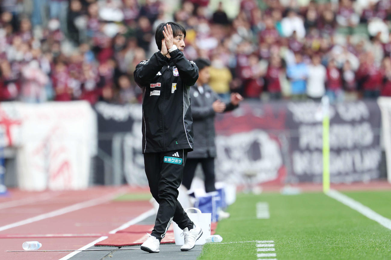 神戸対新潟　前半、拍手する新潟樹森監督（撮影・宮地輝）