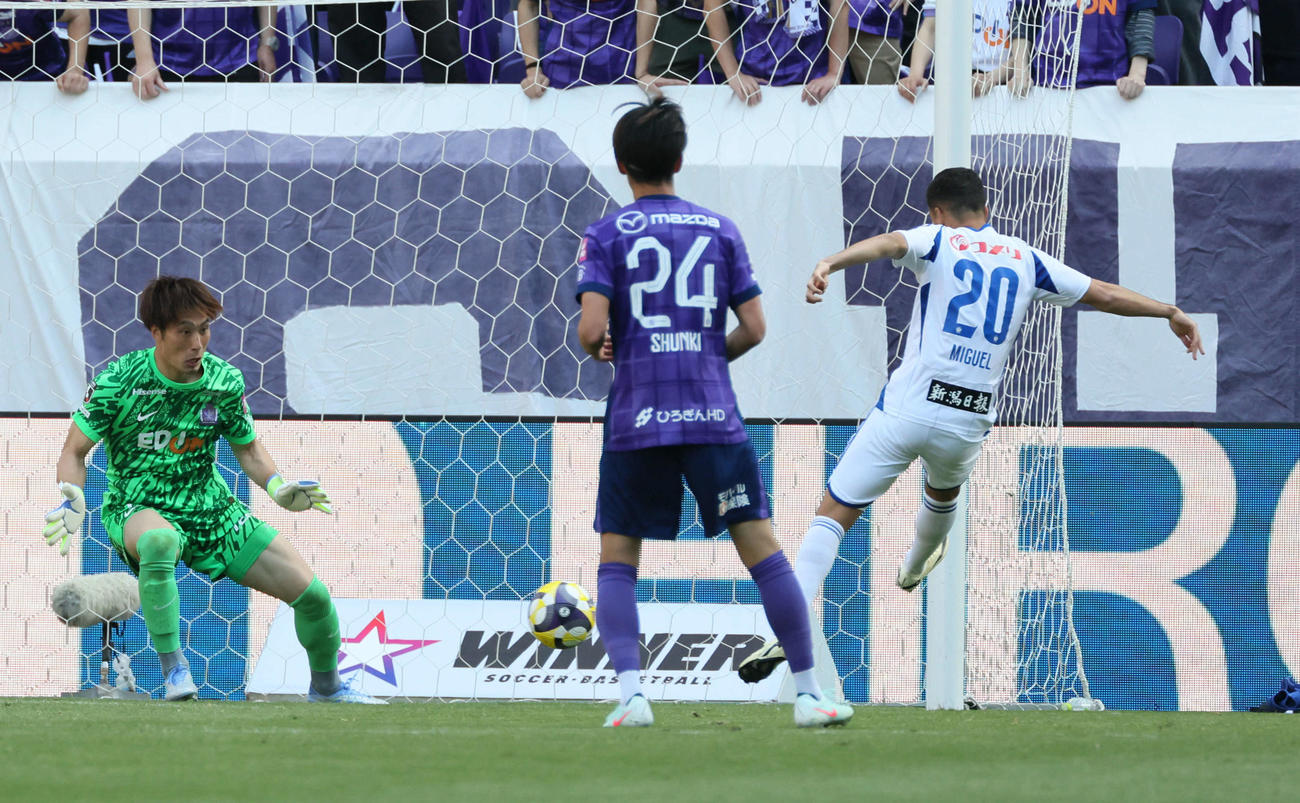 広島対新潟　後半　先制ゴールを決める新潟シルヴェイラ（右）。左は広島GK大迫（撮影・加藤孝規）