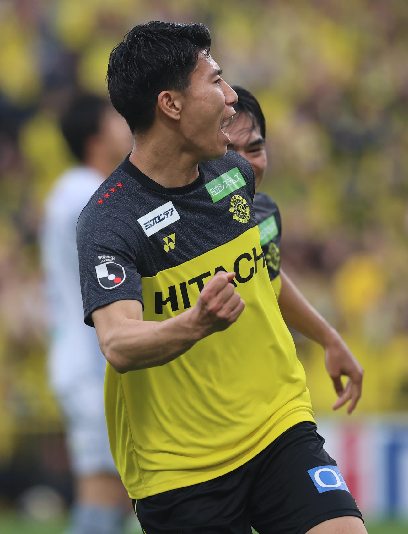柏対岡山　後半、ゴールを決めガッツポーズする柏細谷（撮影・水谷安孝）