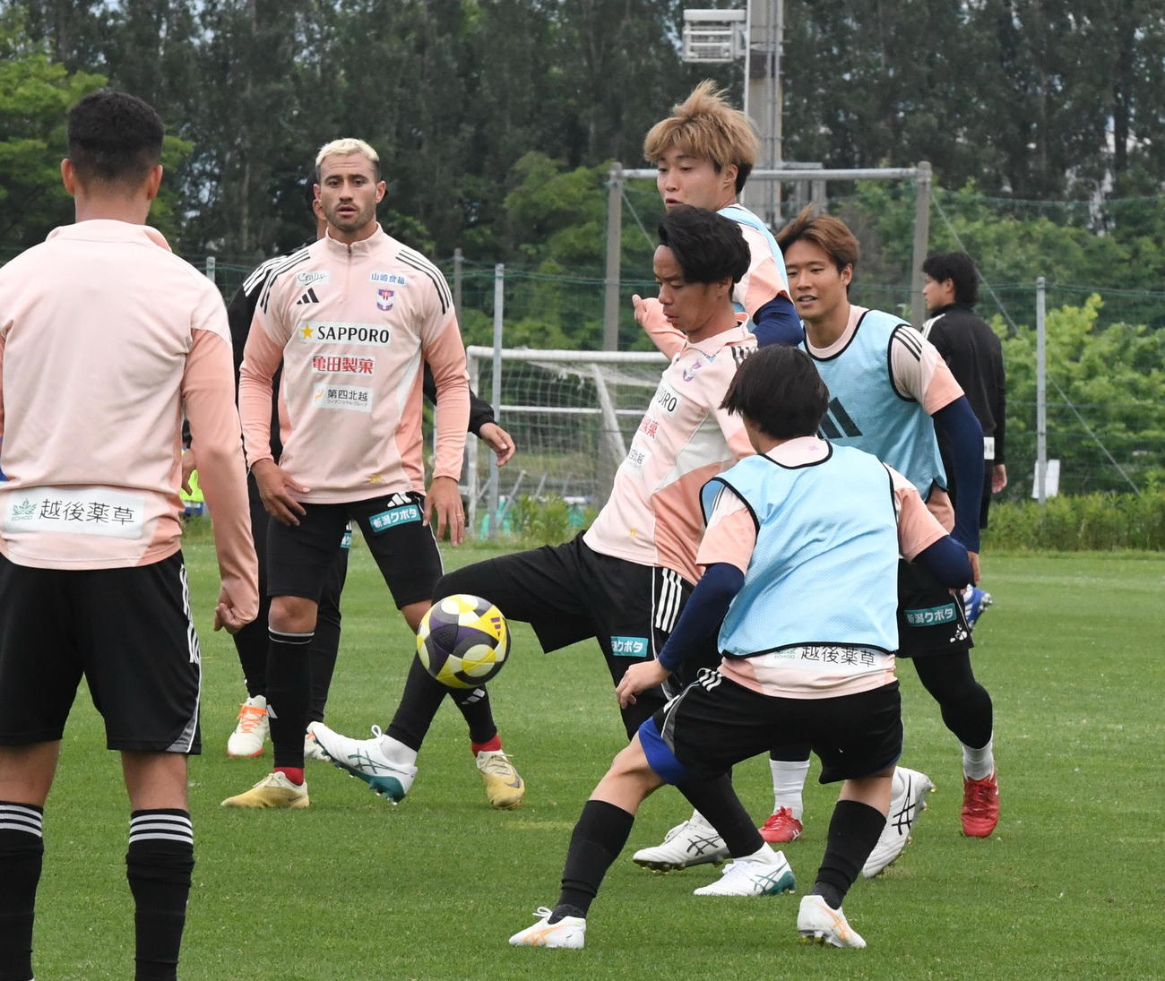 古巣新潟の練習に参加し、ヒールパスを出すシントトロイデン伊藤（中央）（撮影・小林忠）