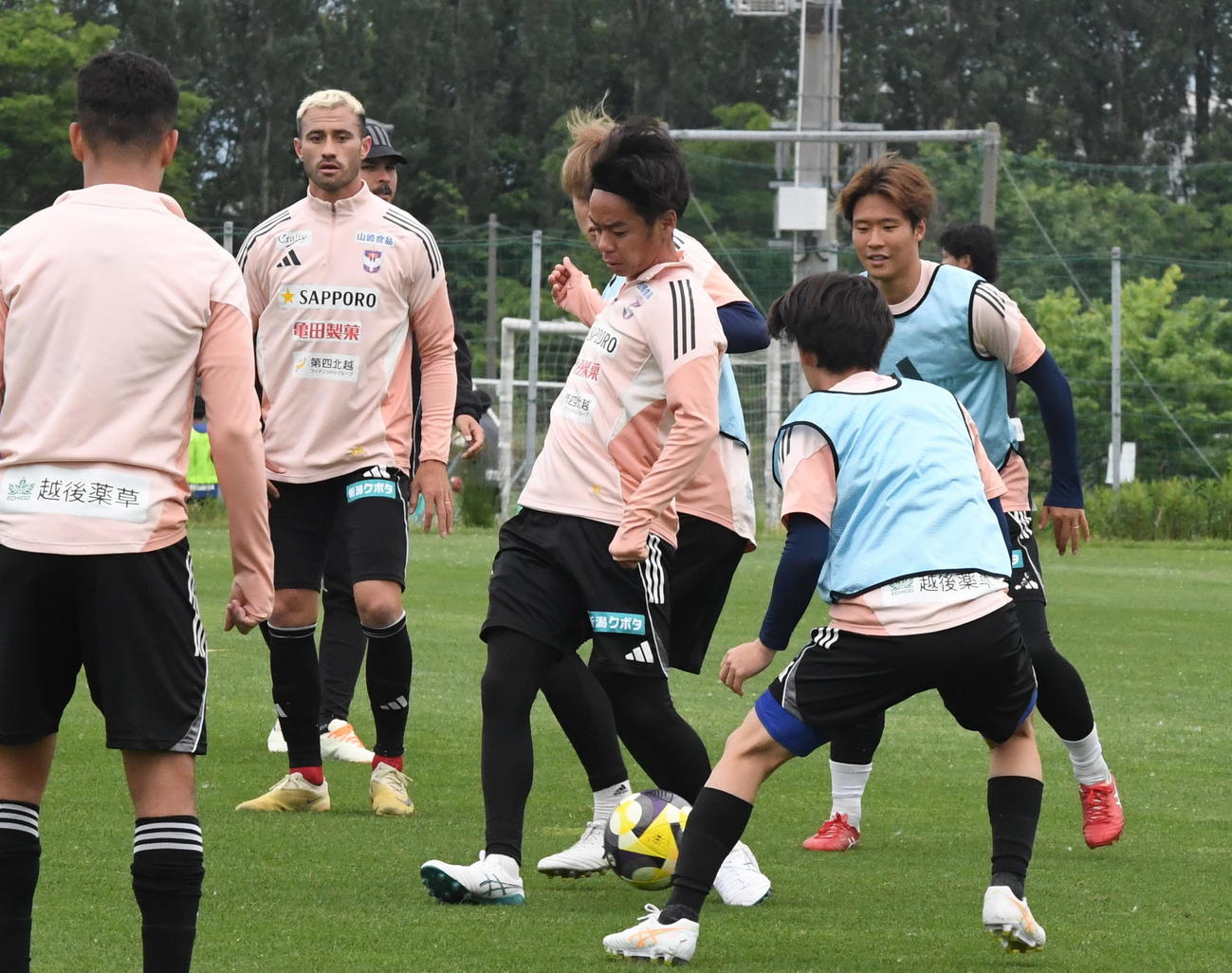 古巣新潟の練習に参加し、ヒールパスを出すシントトロイデン伊藤（中央）（撮影・小林忠）