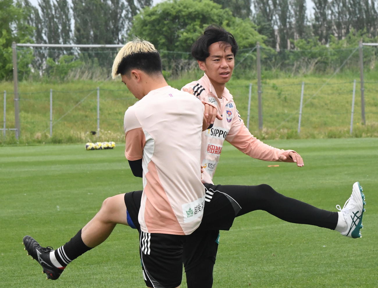 古巣新潟の練習に参加し、小見（左）とストレッチするシントトロイデン伊藤（撮影・小林忠）