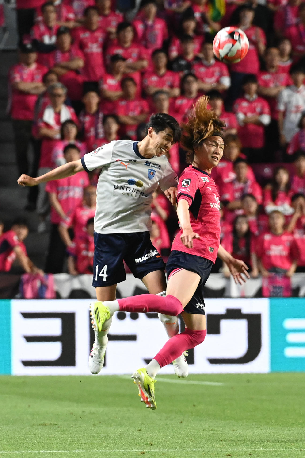 大阪C対横浜FC　前半　ボールを奪い合う大阪C中村（右）と横浜FC中野（撮影・滝沢美穂子）