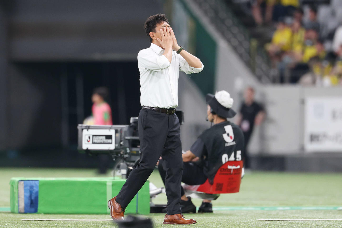 東京V対柏　後半、決定機を決められず頭を抱える東京V城福監督（撮影・宮地輝）