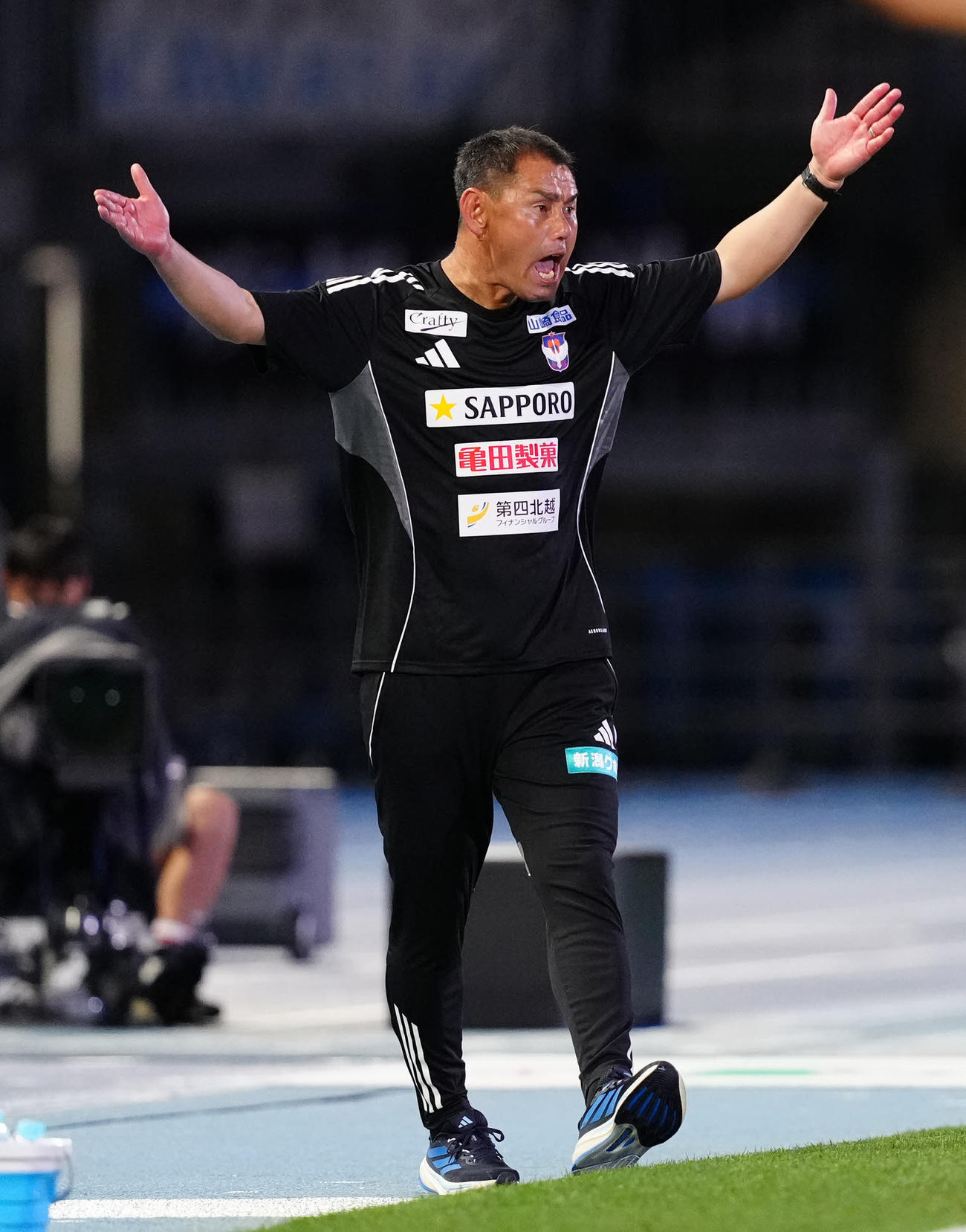 川崎F対新潟　後半、新潟ゴメスがファウルを受け、手を広げ声を上げる入江監督（左）（撮影・江口和貴）