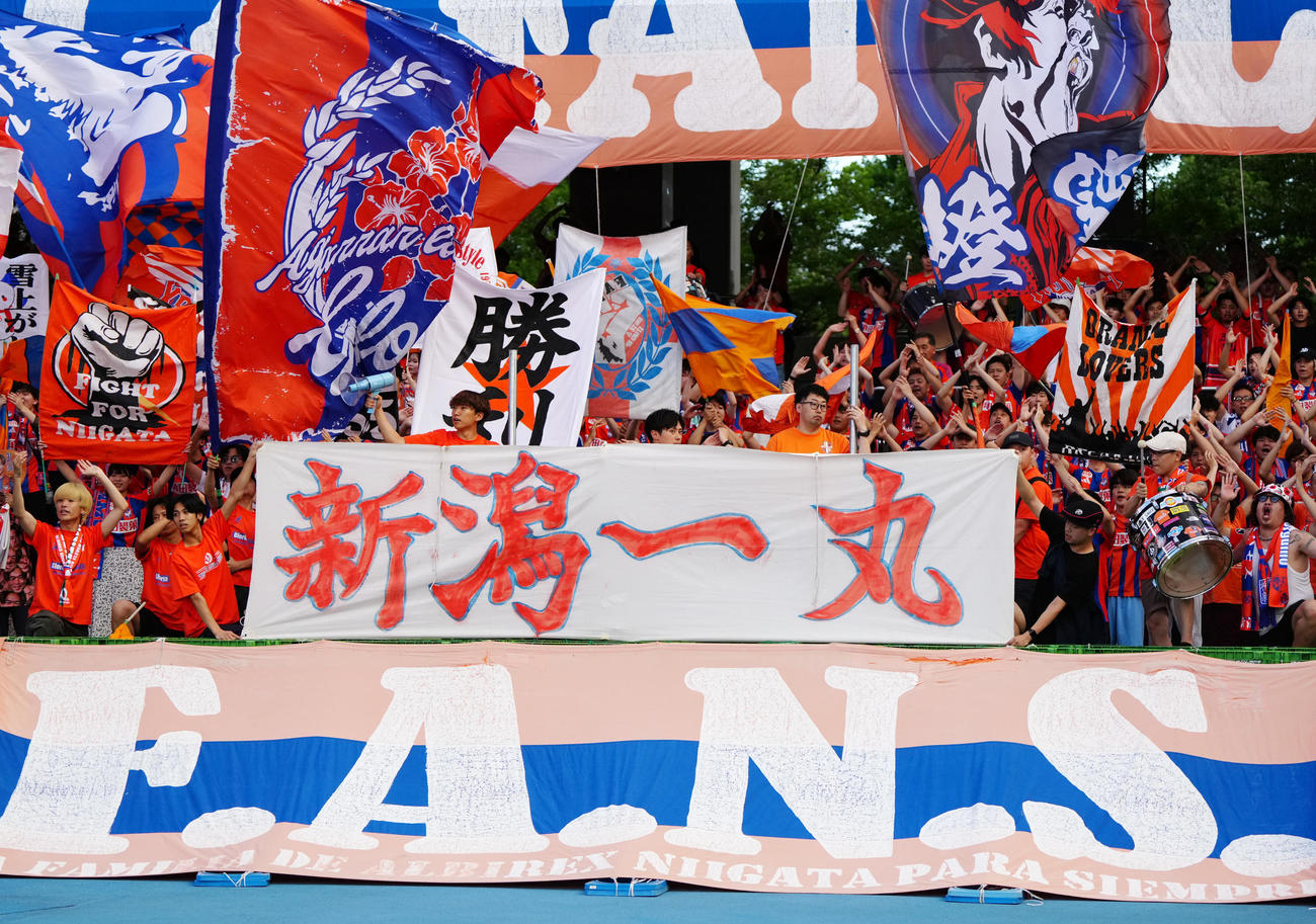 川崎F対新潟　試合前、応援する新潟サポーター（撮影・江口和貴）