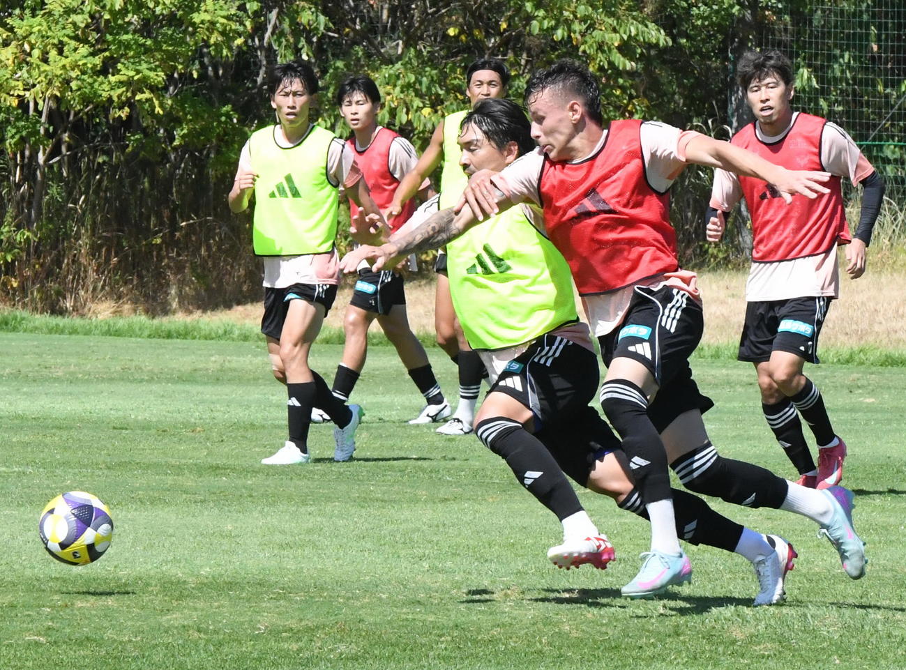 競り合いながらドリブルする白井（手前左）（撮影・小林忠）