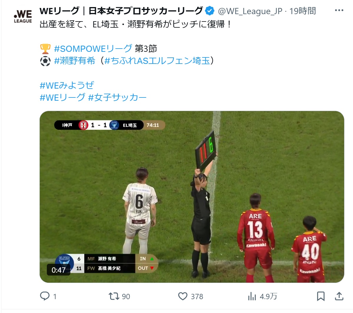 WEリーグの公式Xから