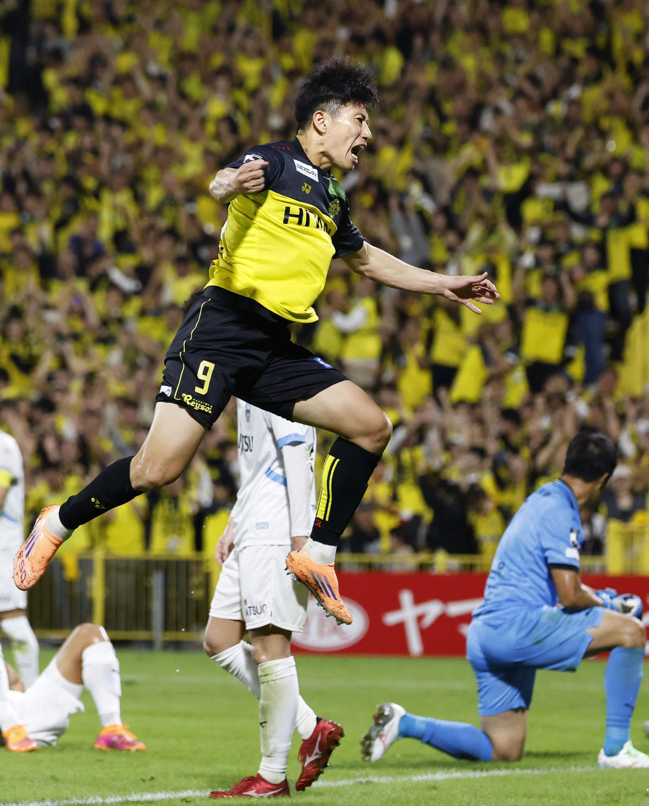 後半、チーム3点目のゴールを決め、大喜びの柏・細谷（共同）