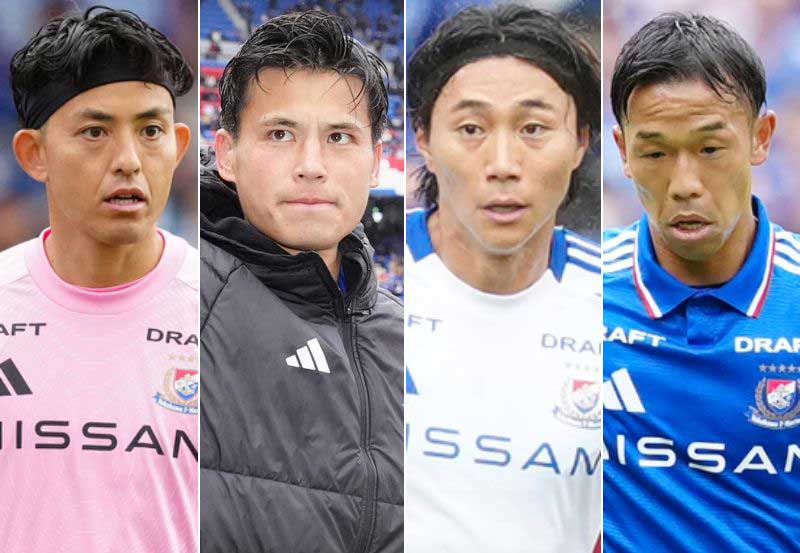 27年夏まで契約合意した横浜の4選手。左からGK飯倉大樹、FW宮市亮、DF松原健、MF喜田拓也