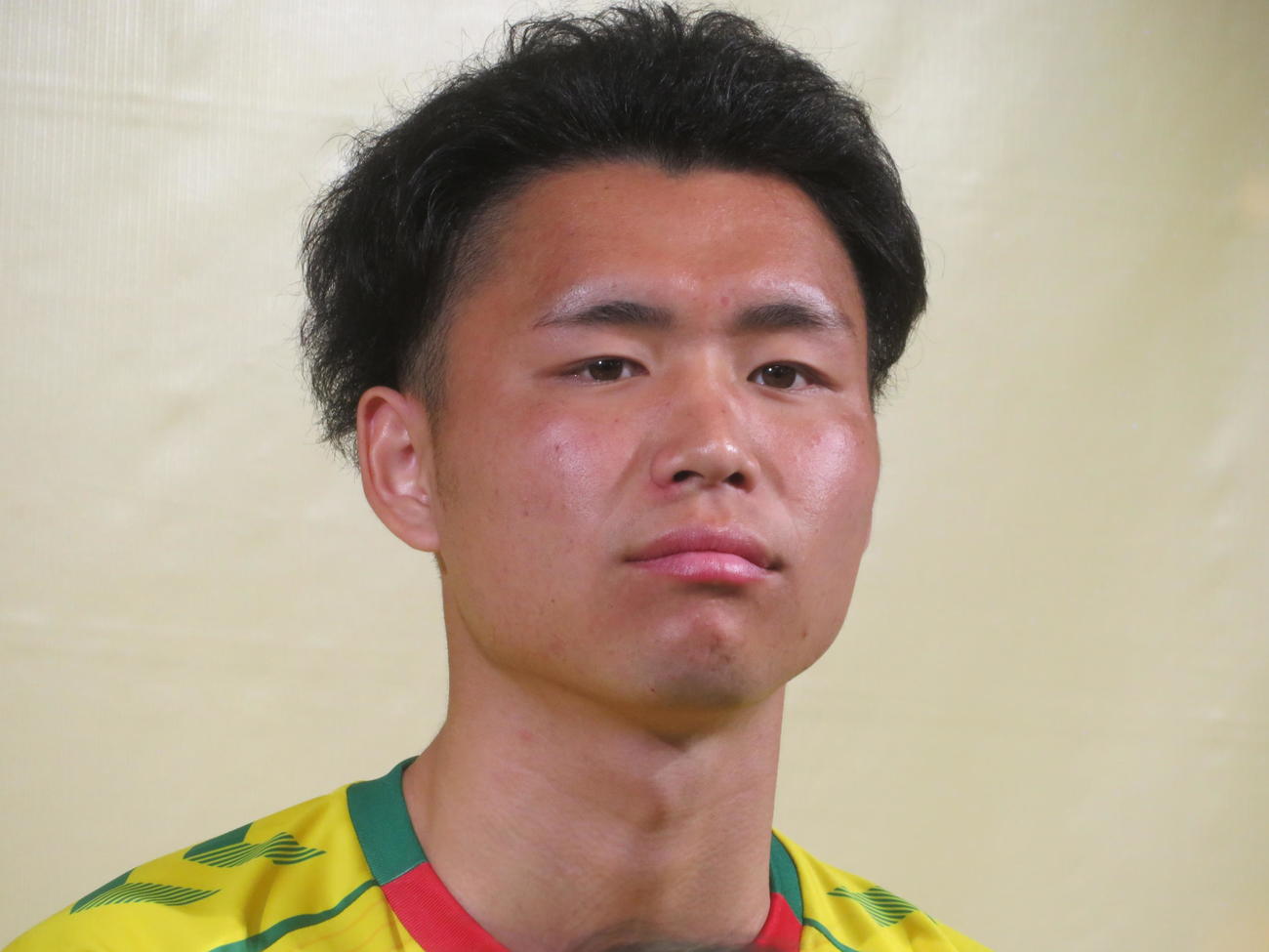 ジェフユナイテッド市原・千葉の新体制発表会に出席したFW松村拓実（撮影・佐藤成）