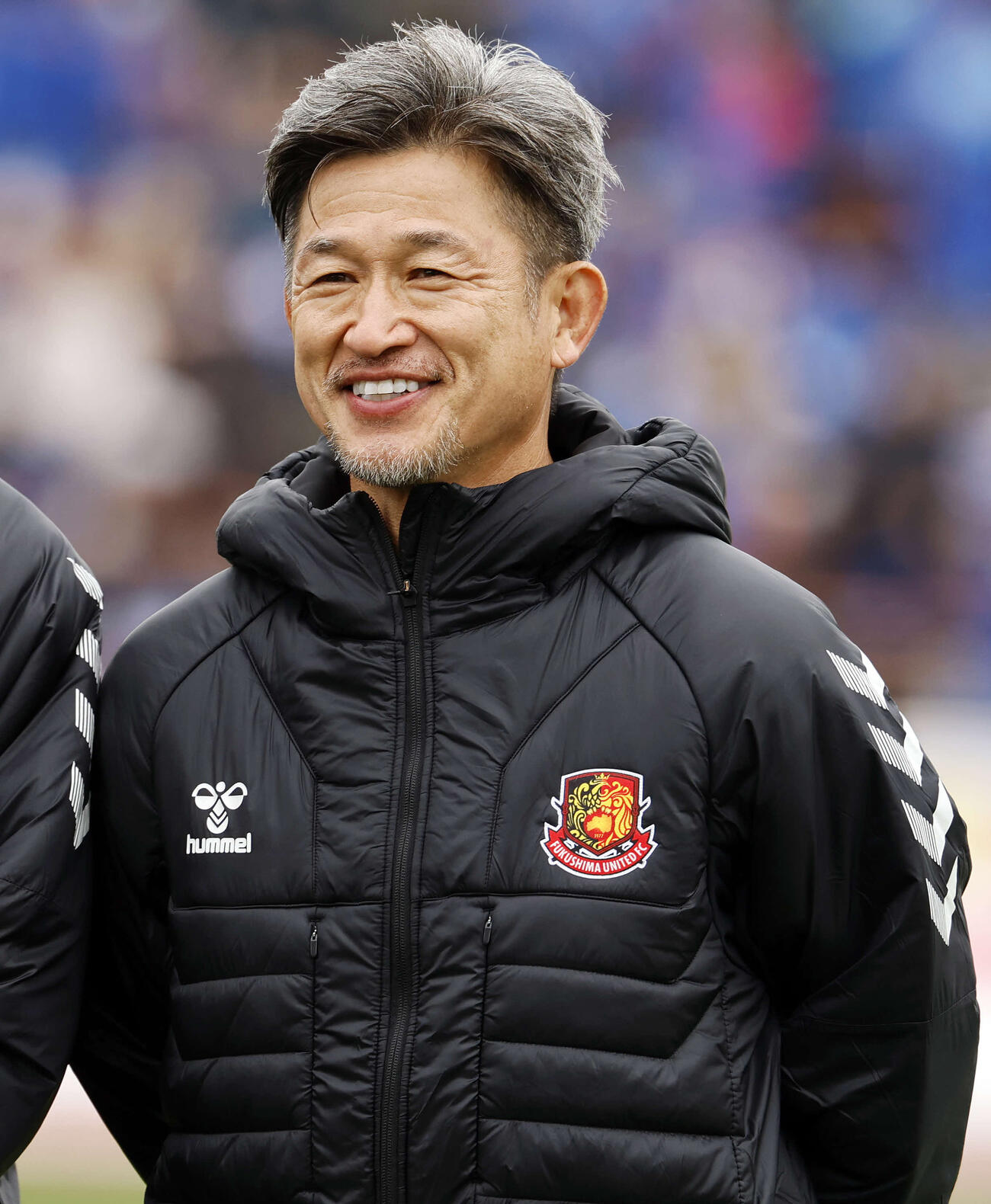 甲府対福島　試合前に笑顔を見せる福島カズ（撮影・山本朝陽）