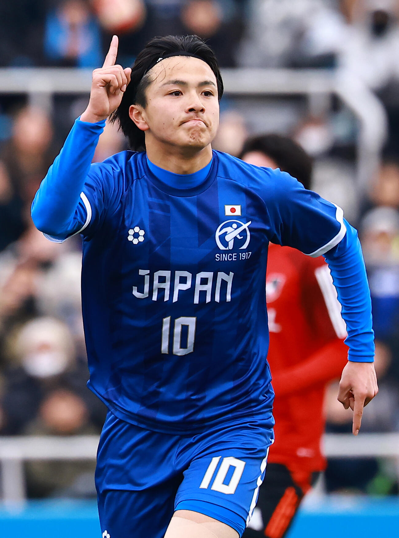 U－18Jリーグ選抜対日本高校サッカー選抜　前半、先制ゴールを決め喜ぶ日本高校サッカー選抜の帝京・宮本（撮影・野上伸悟）