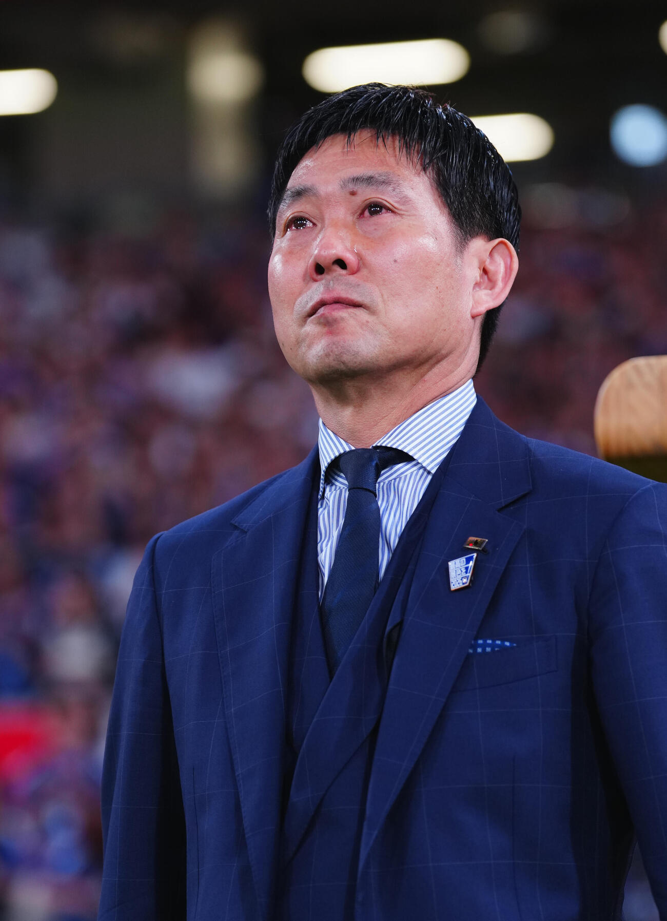 日本対アイスランド　君が代斉唱で目を赤くする森保一監督（撮影・垰建太）