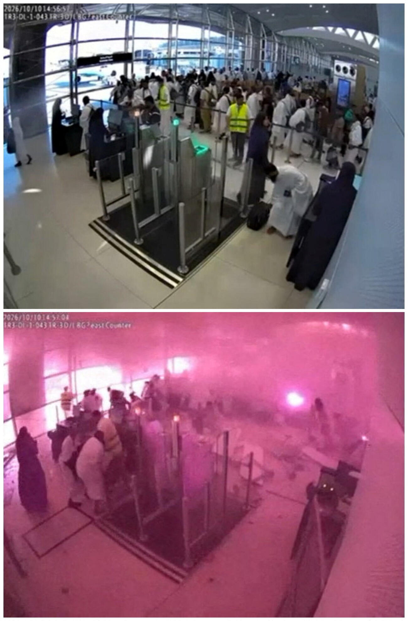 サウジアラビア・リヤドの空港内部の監視カメラがとらえた攻撃の直前（上）と瞬間の画像（ロイター＝共同）