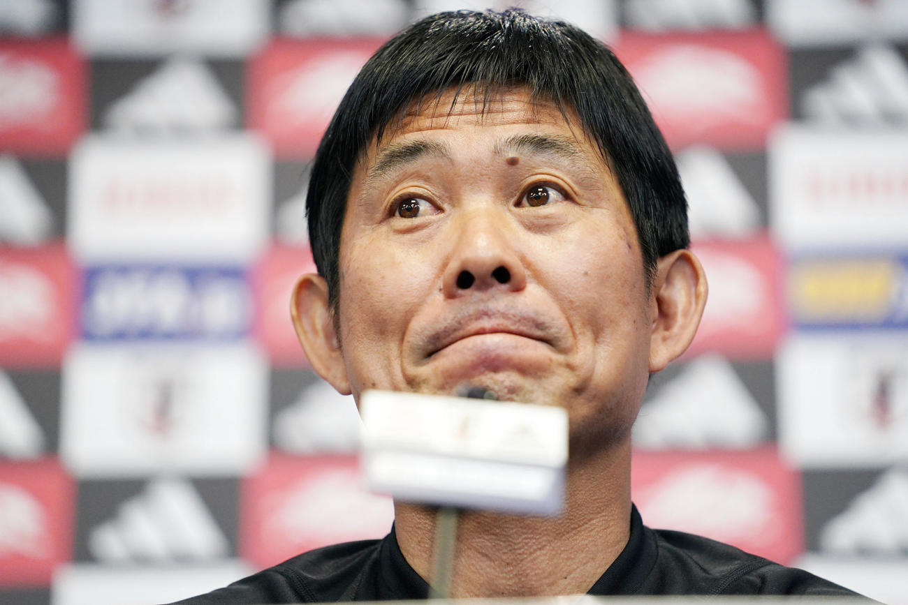 カナダ戦前の公式会見でW杯への意気込みを語る森保監督（撮影・横山健太）