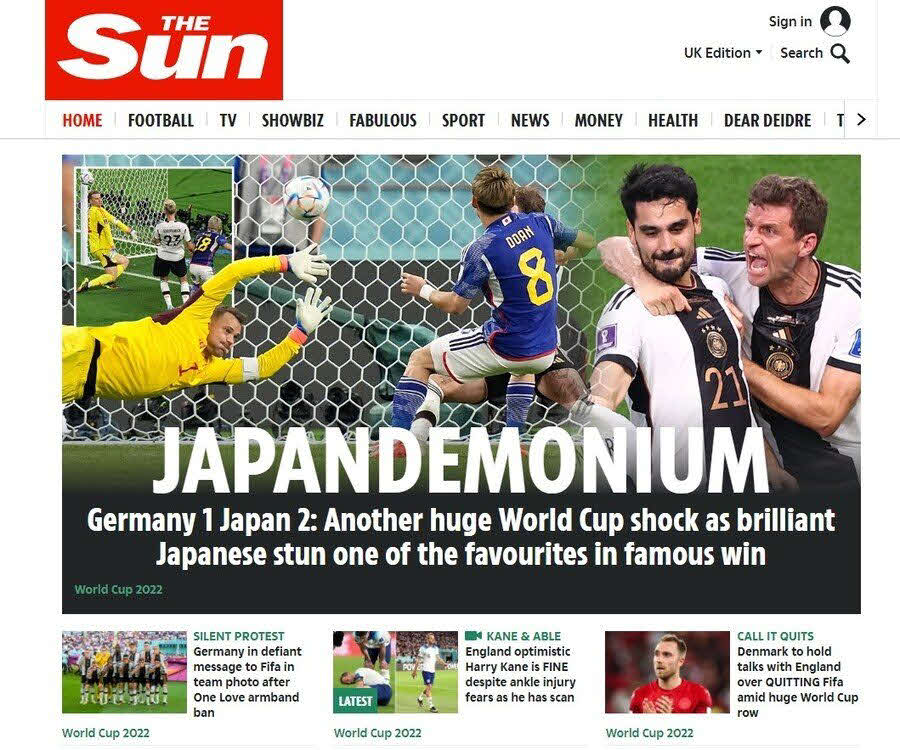 日本の歴史的勝利について報じる英サン紙電子版