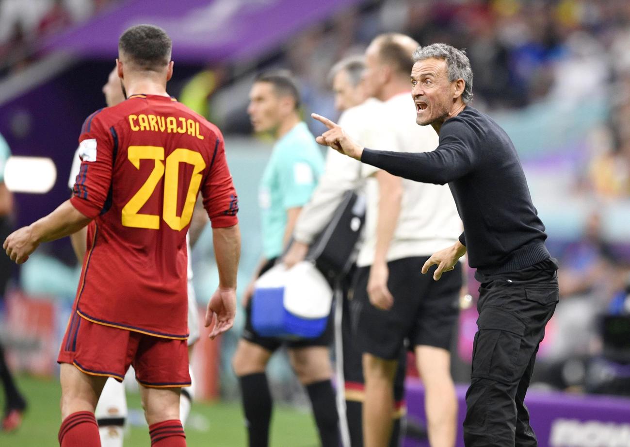 指示を出すスペインのルイスエンリケ監督（右）（共同）