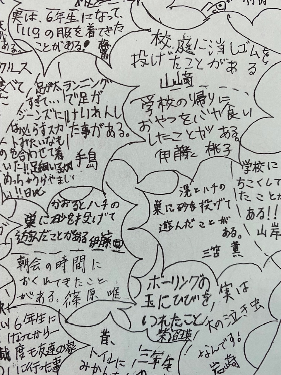小学校の卒業文集。蜂に追いかけられ振り切った三笘と現場で目撃した伊藤さんの思い出が書かれている（中央）