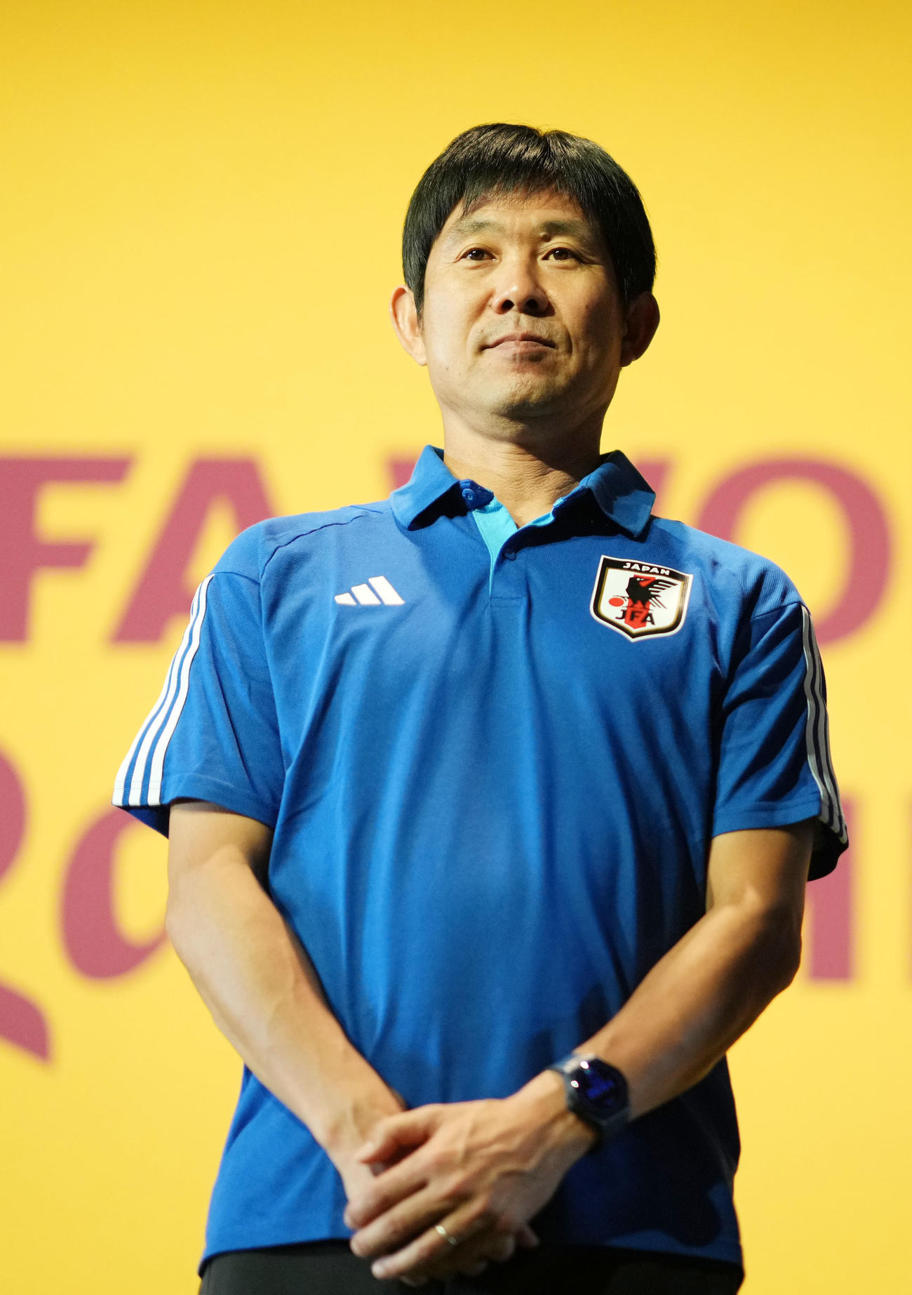 公式会見に臨む森保監督（撮影・横山健太）