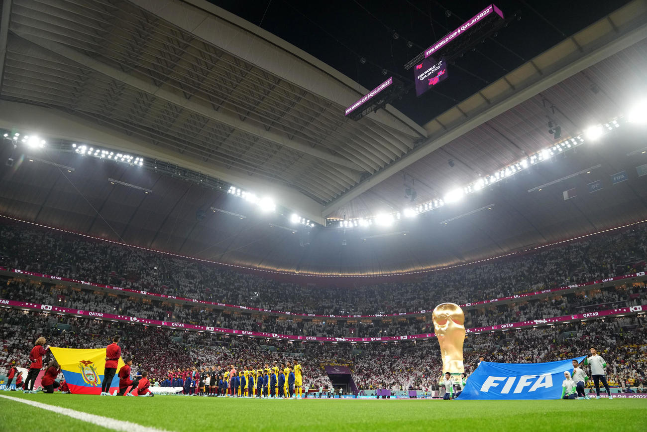 カタール対エクアドル　試合開始前、整列する両イレブン（撮影・横山健太）
