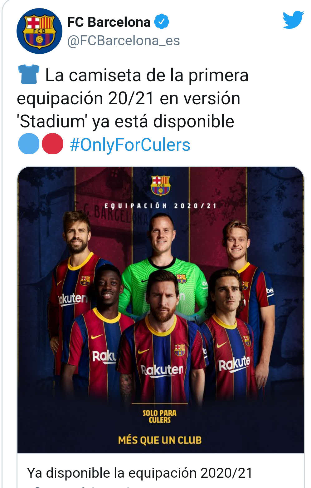 バルセロナが発表した20－21年シーズンのユニホームの写真。退団意思を示したメッシを中央に掲載