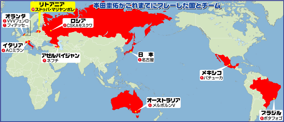 本田圭佑がこれまでにプレーした国