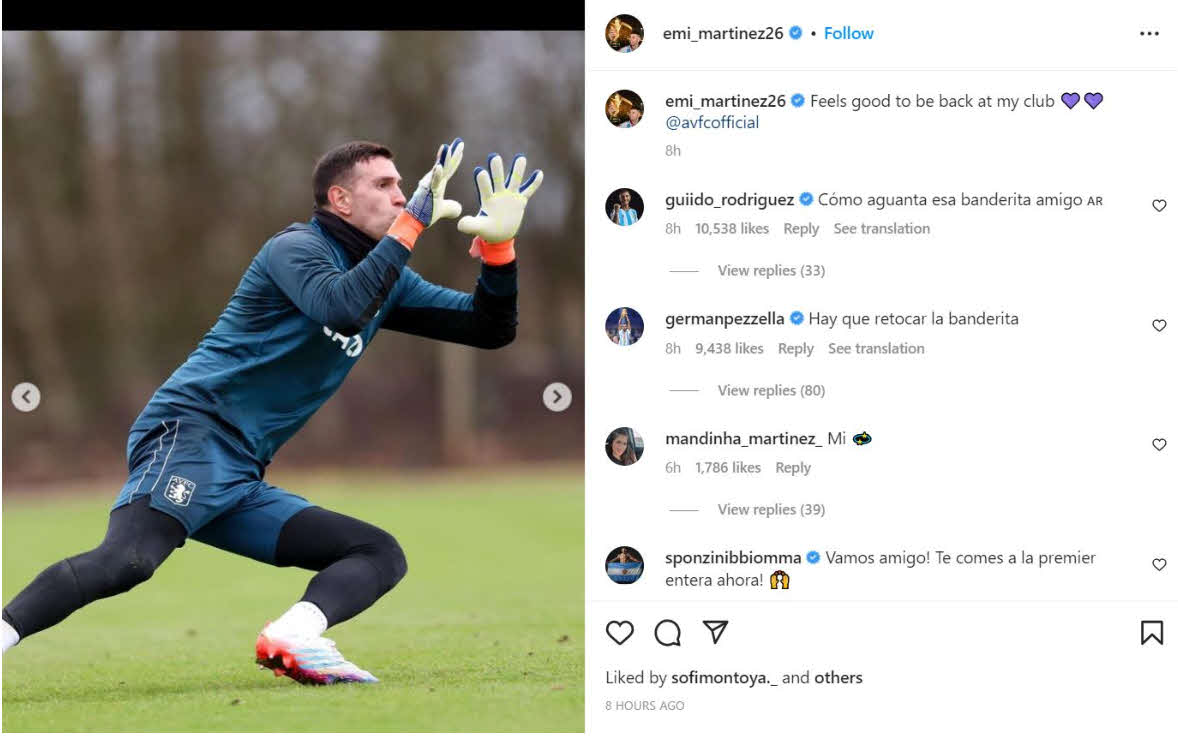 アストンビラに再合流したアルゼンチン代表の守護神マルティネス（本人のインスタグラムより）