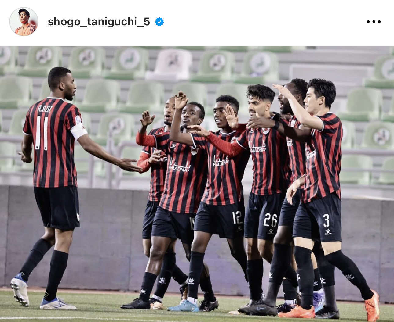 カタール1部アルラヤンでデビューしたDF谷口（右端。本人インスタグラムより）