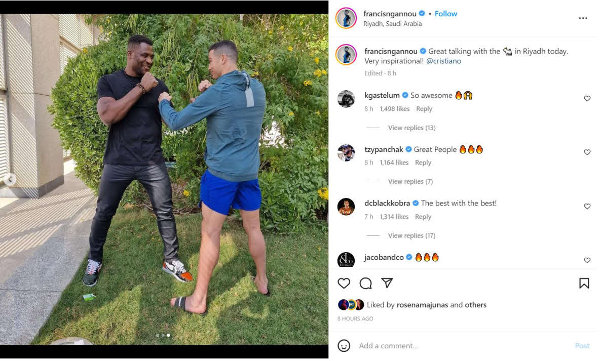 UFCヘビー級王者フランシス・ガヌー（左）と対面したクリスティアノ・ロナウド（ガヌーのインスタグラムより）