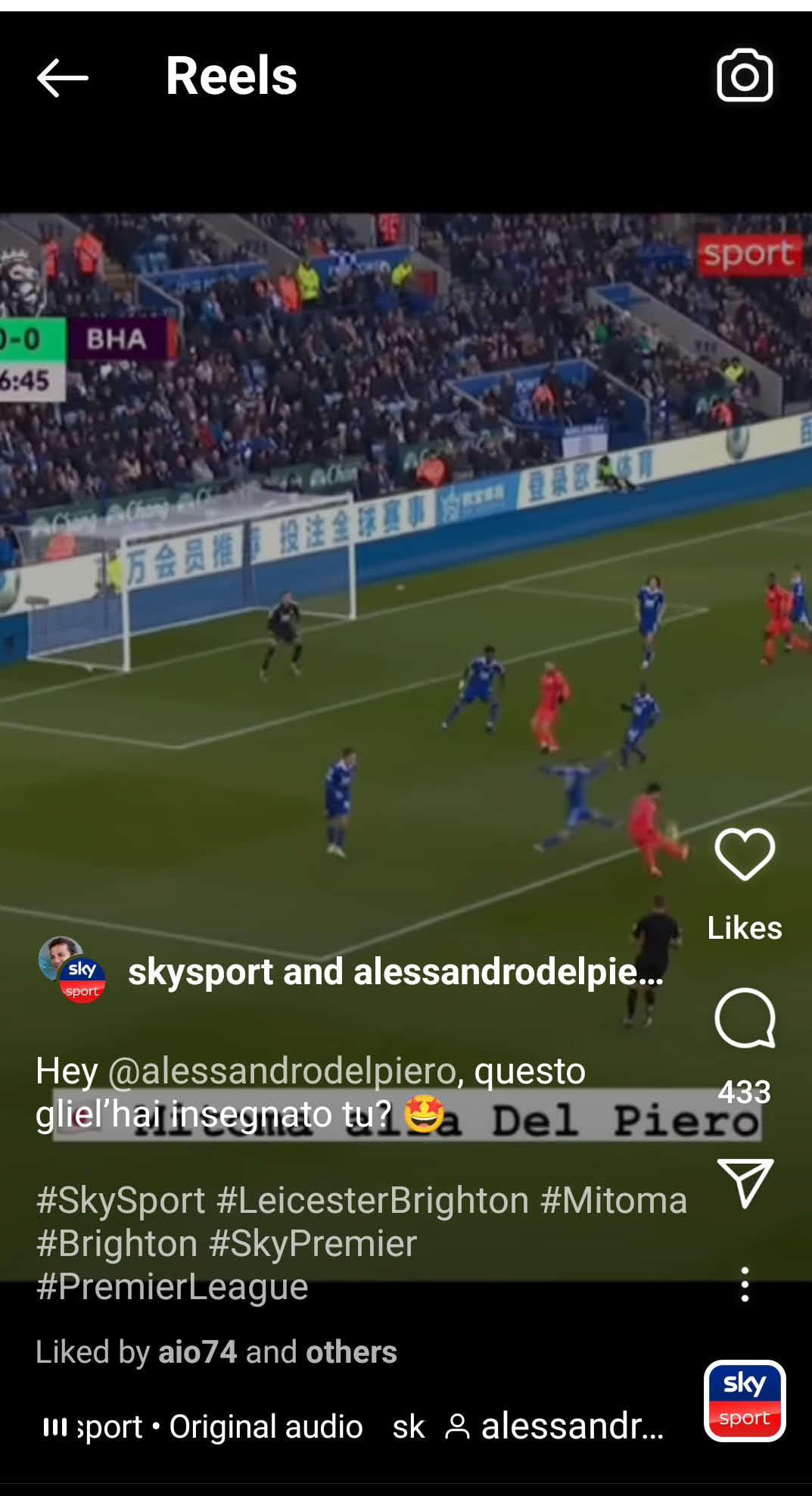 スカイスポーツがインスタグラムでブライトン三笘のゴールを取り上げて、元イタリア代表FWデルピエロ氏へ「ヘイ、アレッサンドロ・デルピエロ、君が教えたのか？」と呼び掛けた