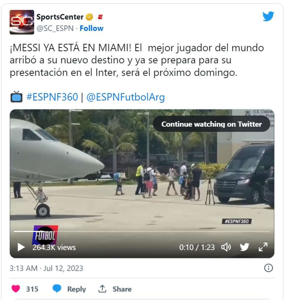 プライベートジェットで米フロリダ州フォートローダーデールに到着したメッシ（中央）について報じるESPNスポーツセンターのツイッター