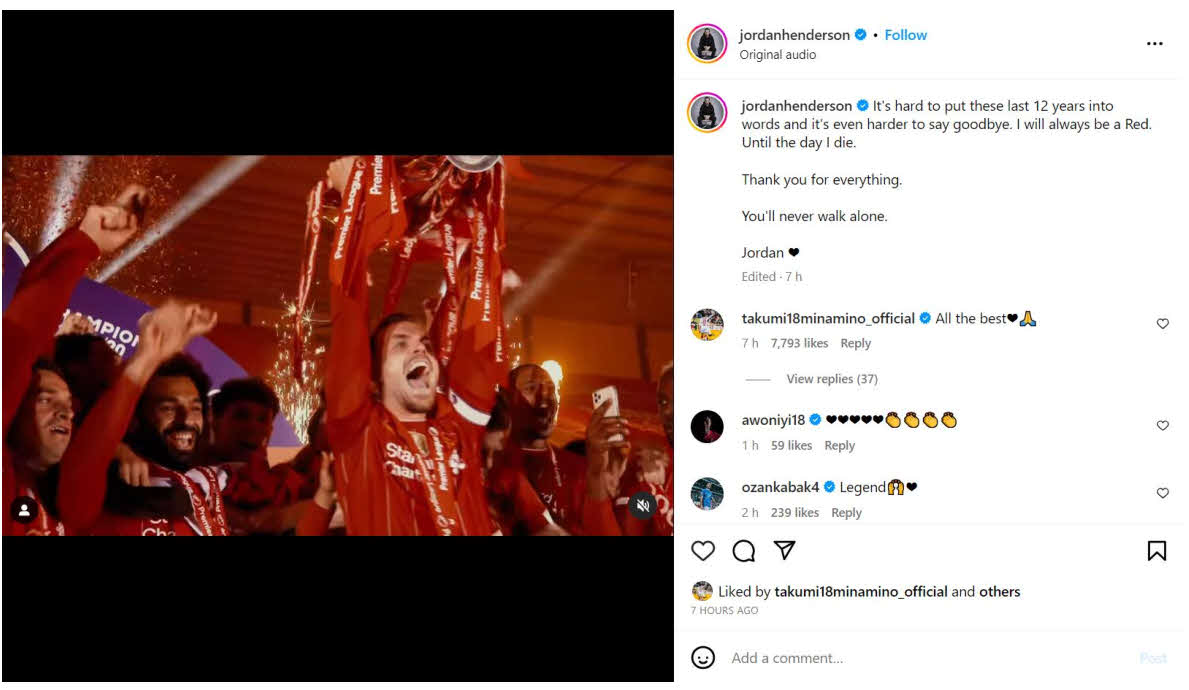 正式にリバプール退団を表明したヘンダーソンはインスタグラムに惜別映像とメッセージをアップした