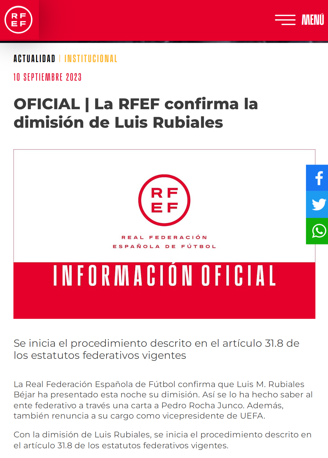 ルイス・ルビアレス会長の辞任を発表したスペイン・サッカー連盟（公式サイトから）