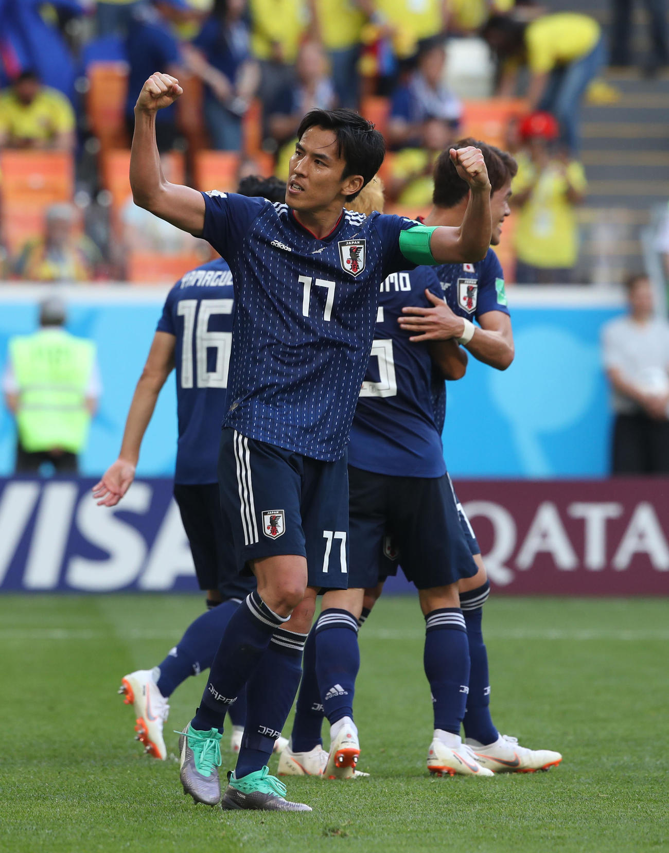 日本対コロンビア　初戦を勝利で飾り、ガッツポーズする長谷部（2018年6月19日撮影・PNP）