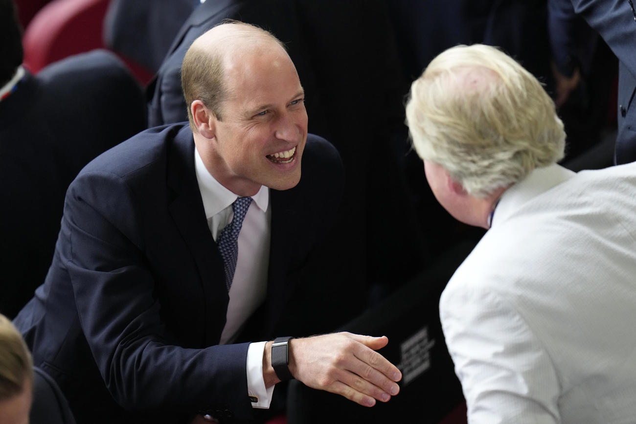 イングランド対スイス戦で試合前に出席者らと会話をする英国のウィリアム王子（AP）