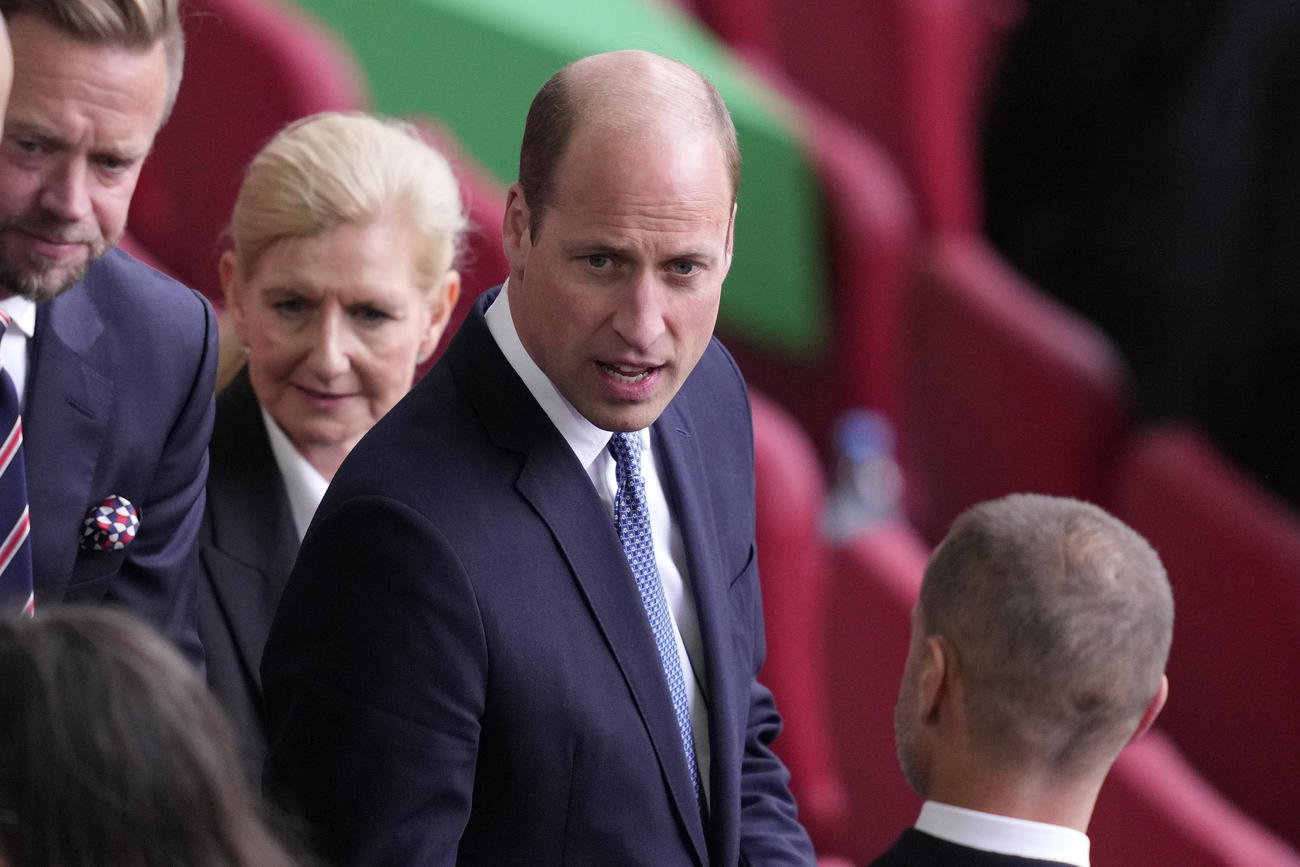 イングランド対スイス戦で試合前に出席者らと会話をする英国のウィリアム王子（AP）