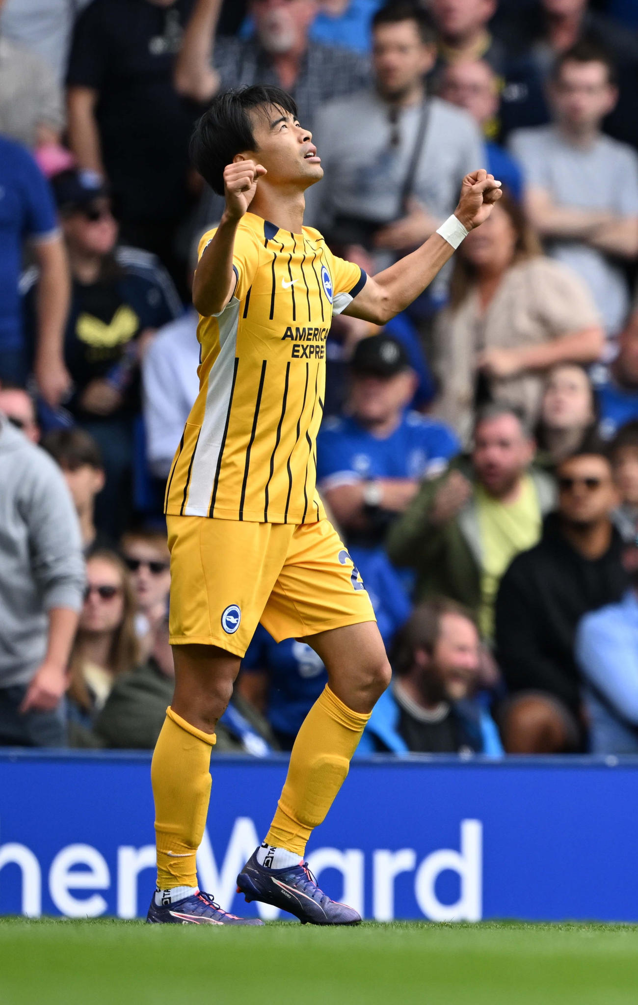 エバートン戦の前半、先制ゴールを決め喜ぶブライトン三笘（共同）