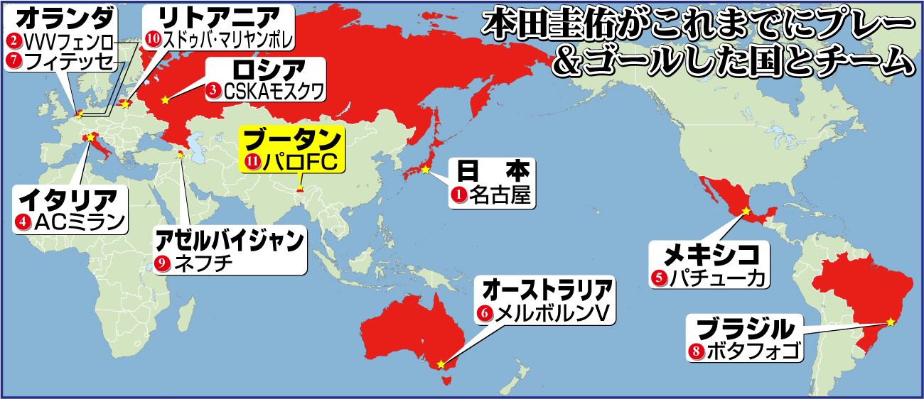 【イラスト】本田圭佑がこれまでにプレー＆ゴールした国とチーム