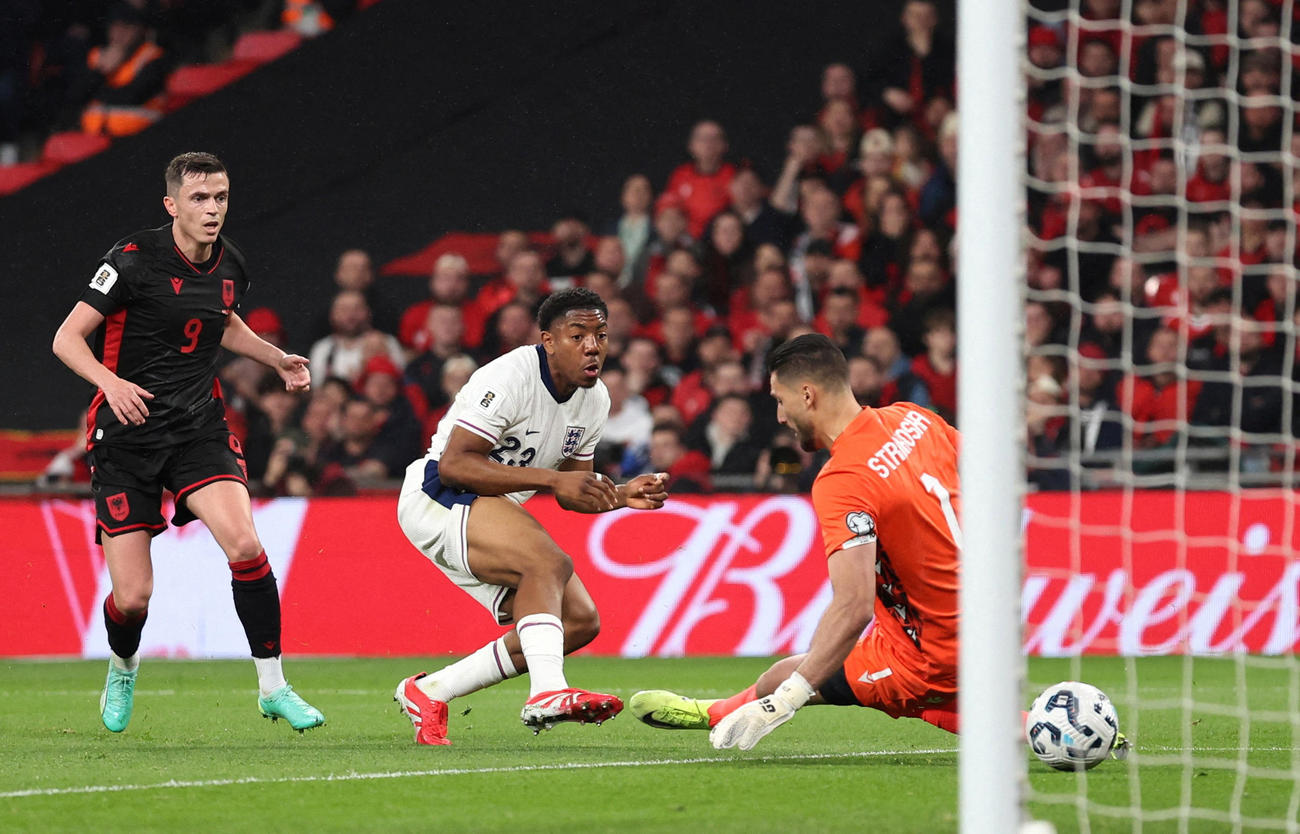 アルバニア戦でゴールを決めるイングランドのマイルズ・ルイススケリー（２０２５年３月２１日、ロイター）