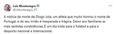 ジョタさんの死を悼むポルトガル首相の投稿（Xから）
