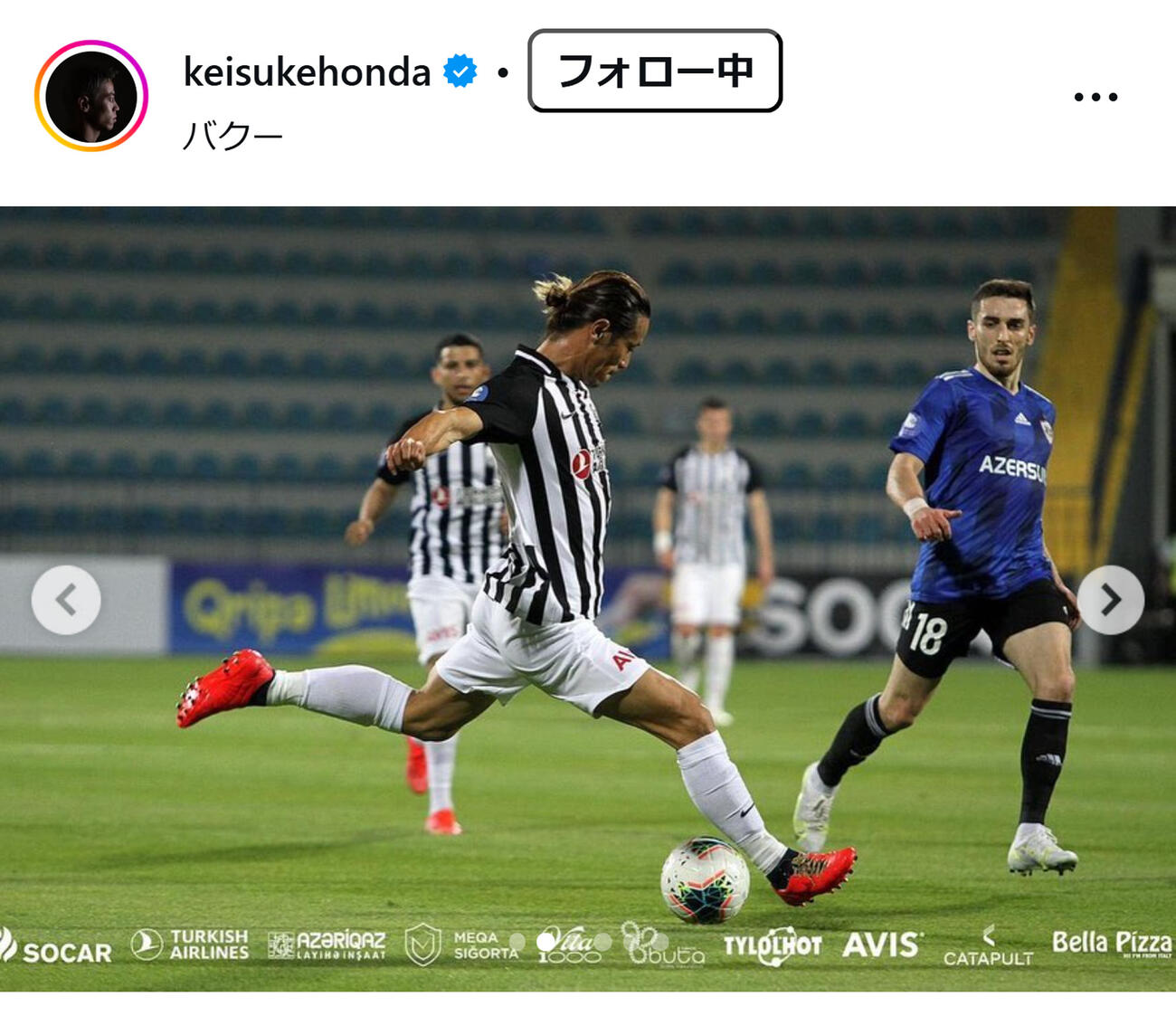 アゼルバイジャンのネフチ・バクー時代の本田圭佑（インスタグラムから）