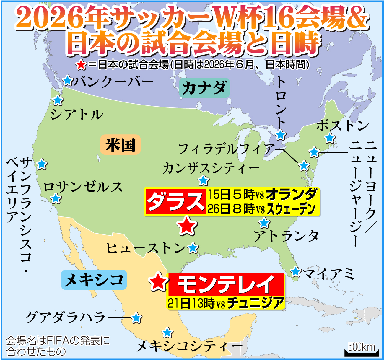 【イラスト】2026サッカーW杯16会場＆日本の試合会場と日時