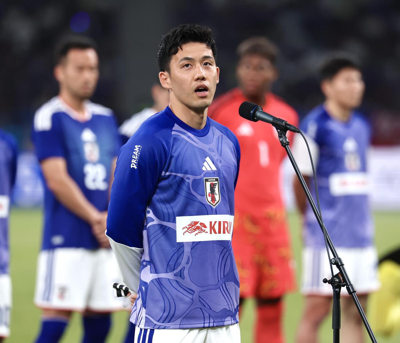 キリンチャレンジカップ2026　日本対アイスランド　日本対アイスランド　試合後、壮行セレモニーであいさつする遠藤航（撮影・宮地輝）