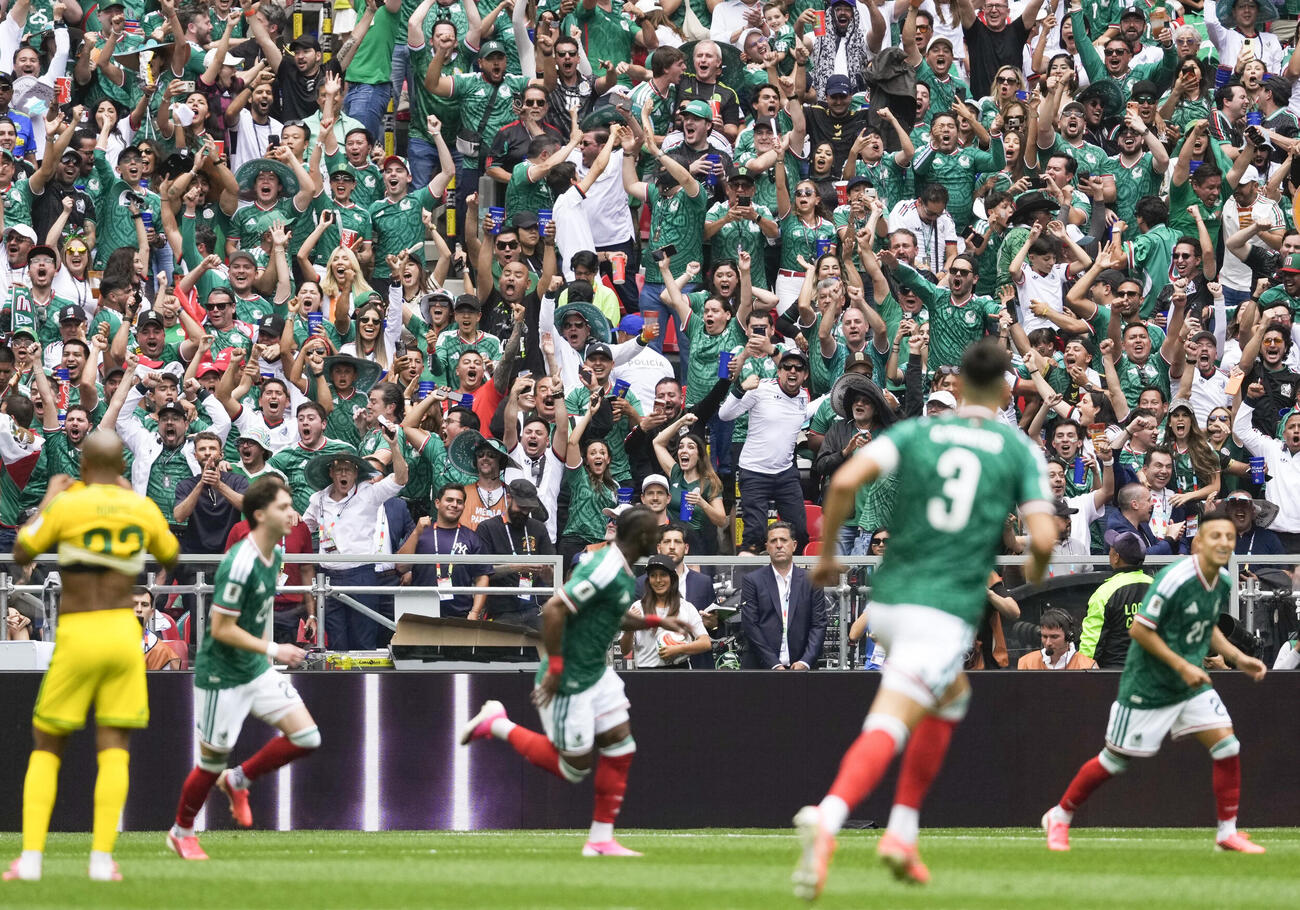 メキシコ－南アフリカ　前半、キニョネス（中央）の先制ゴールに沸くメキシコサポーター（共同）