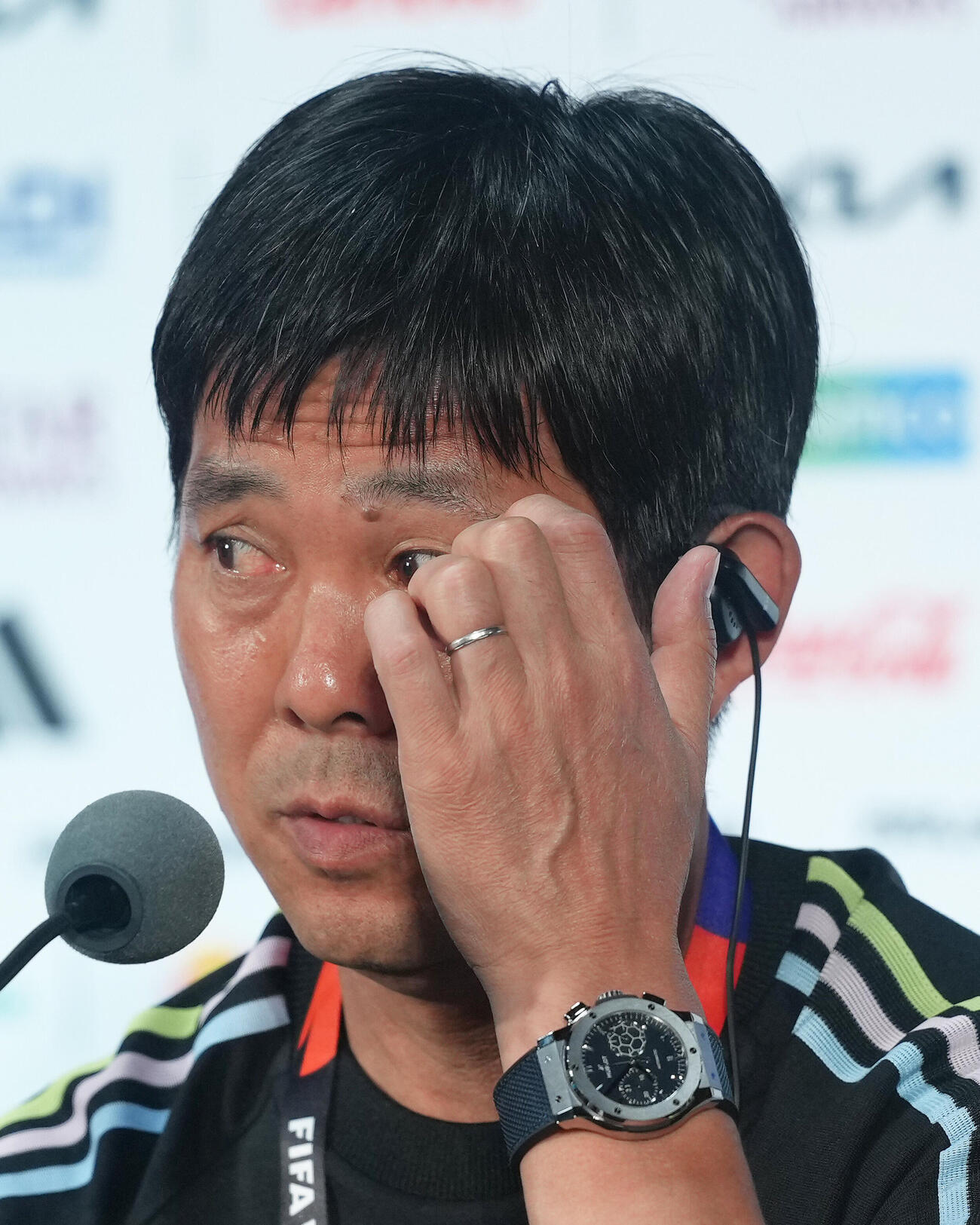 サッカー日本代表W杯北中米大会関連　公式会見で神妙な表情を見せる森保一監督（撮影・足立雅史）