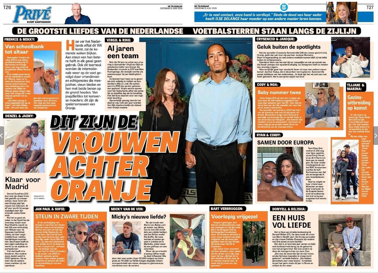 13日付のオランダ全国紙デ・テレフラーフによる「選手妻」特集、見開き2ページ展開