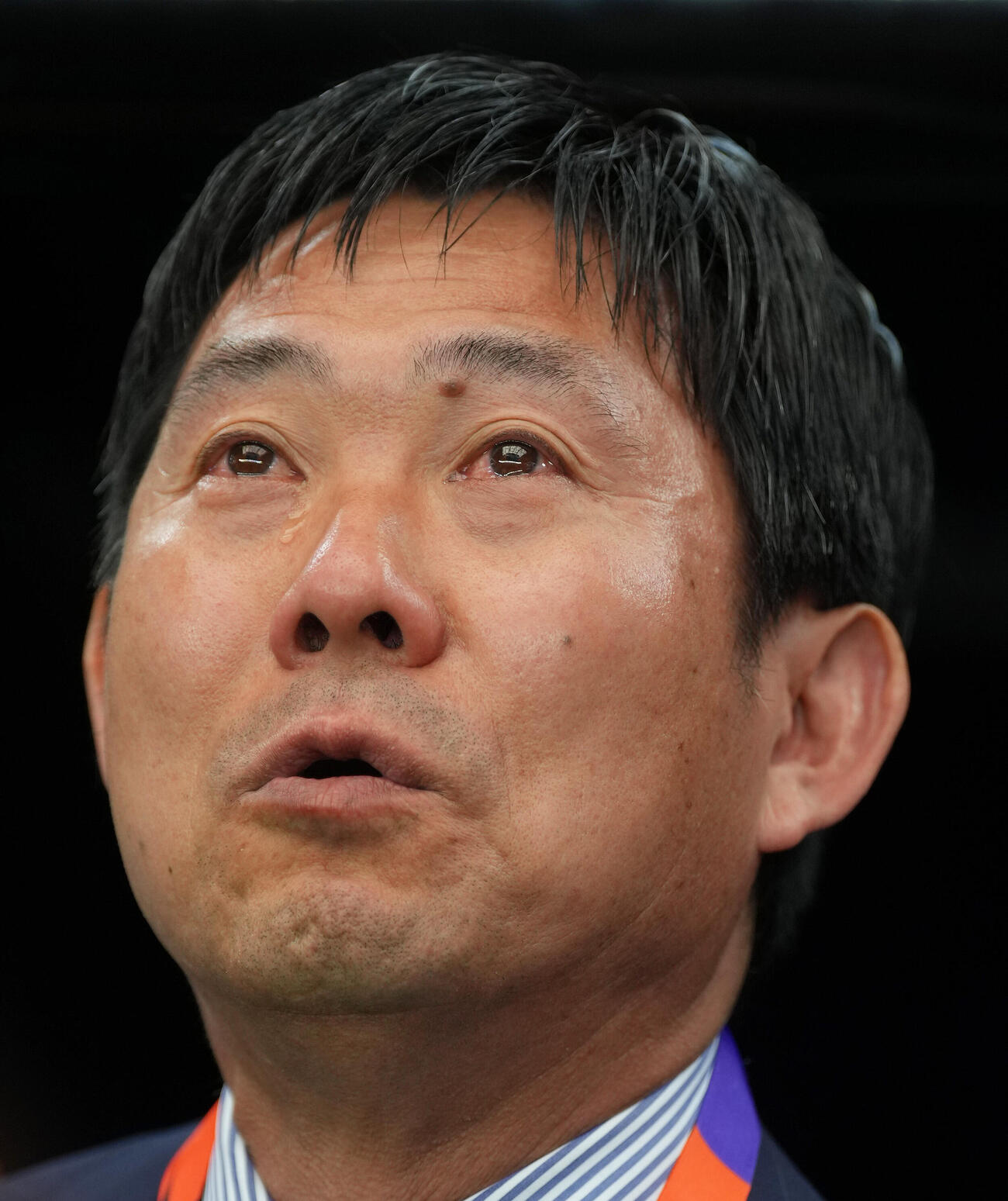 日本対オランダの試合前、君が代斉唱で涙を流す森保一監督（2026年6月14日撮影）