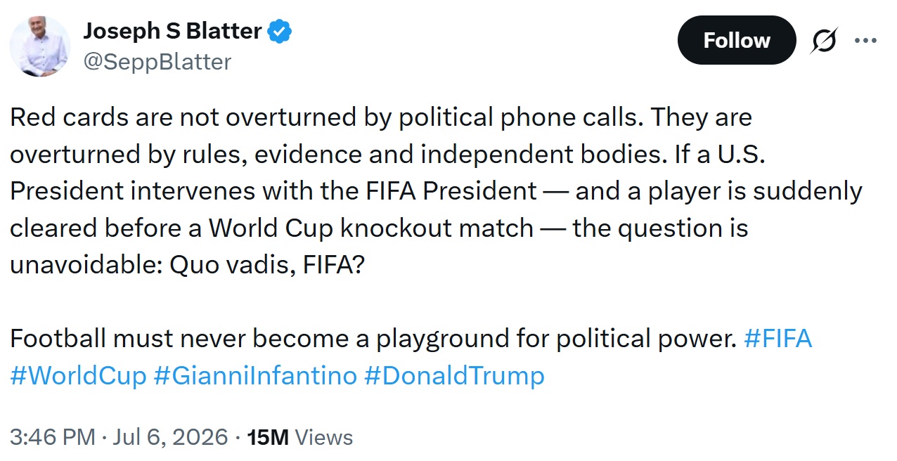 FIFAのブラッター前会長のXから
